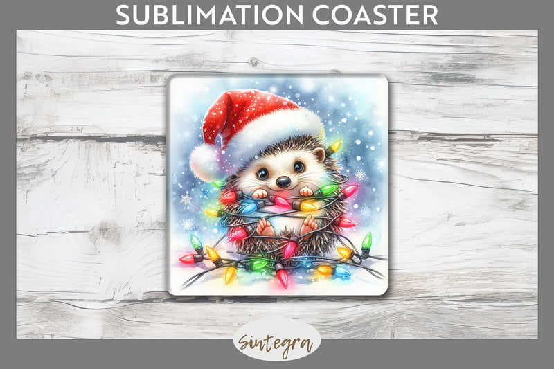 Christmas Hedgehog Entangled in Lights Square Coaster Sublimation Sublimation Sintegra 