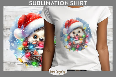 Christmas Hedgehog Entangled in Lights T-shirt Sublimation Sublimation Sintegra 
