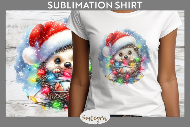 Christmas Hedgehog Entangled in Lights T-shirt Sublimation Sublimation Sintegra 