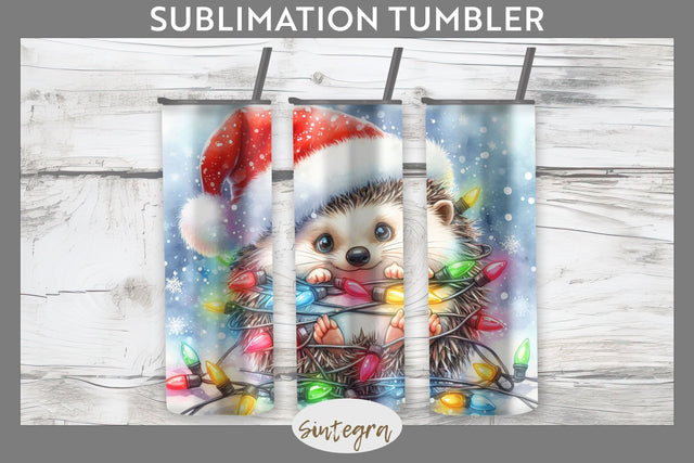 Christmas Hedgehog Entangled in Lights Tumbler Sublimation 20 oz Skinny Sublimation Sintegra 