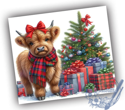 Christmas Highland Cow 20oz Skinny Tumbler PNG, Coquette Christmas Tumbler Sublimation Wrap, Straight & Tapered Tumbler Wrap, Instant Digital Download Sublimation ToriDesigns 