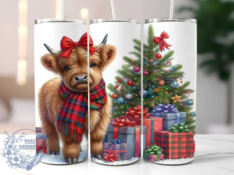 Christmas Highland Cow 20oz Skinny Tumbler PNG, Coquette Christmas Tumbler Sublimation Wrap, Straight & Tapered Tumbler Wrap, Instant Digital Download Sublimation ToriDesigns 