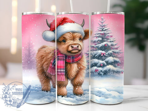 Christmas Highland Cow 20oz Skinny Tumbler PNG, Pink Highland Cow Tumbler Sublimation Wrap, Straight & Tapered Tumbler Wrap, Instant Digital Download Sublimation ToriDesigns 