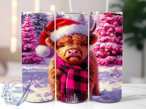 Christmas Highland Cow 20oz Skinny Tumbler PNG, Pink Highland Cow Tumbler Sublimation Wrap, Straight & Tapered Tumbler Wrap, Instant Digital Download Sublimation ToriDesigns 