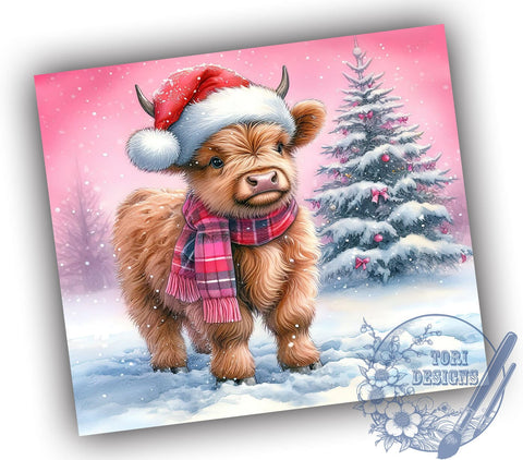 Christmas Highland Cow 20oz Skinny Tumbler PNG, Pink Highland Cow Tumbler Sublimation Wrap, Straight & Tapered Tumbler Wrap, Instant Digital Download Sublimation ToriDesigns 