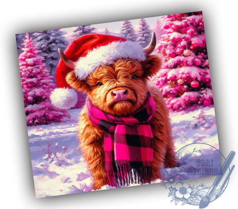 Christmas Highland Cow 20oz Skinny Tumbler PNG, Pink Highland Cow Tumbler Sublimation Wrap, Straight & Tapered Tumbler Wrap, Instant Digital Download Sublimation ToriDesigns 
