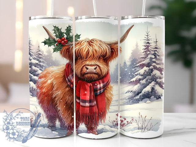 Christmas Highland Cow 20oz Skinny Tumbler, Winter Animals Tumbler Png, Straight & Tapered Tumbler Wrap, Instant Digital Download Sublimation ToriDesigns 