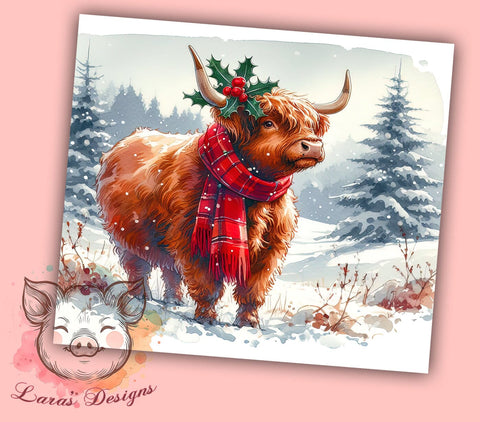 Christmas Highland Cow 20oz Tumbler Png, Straight & Tapered Tumbler Png, Watercolor Winter Animals Tumbler Png, Digital Download PNG Sublimation Lara' s Designs 