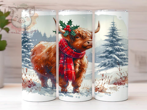 Christmas Highland Cow 20oz Tumbler Png, Straight & Tapered Tumbler Png, Watercolor Winter Animals Tumbler Png, Digital Download PNG Sublimation Lara' s Designs 