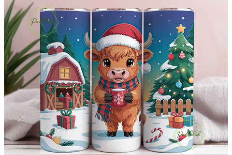 Christmas Highland Cow 20oz Tumbler Wrap Sublimation PixelChick 