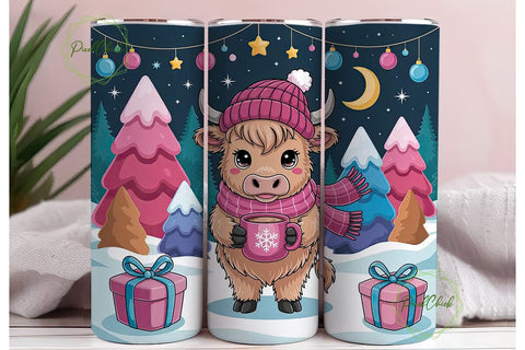 Christmas Highland Cow 20oz Tumbler Wrap Sublimation PixelChick 