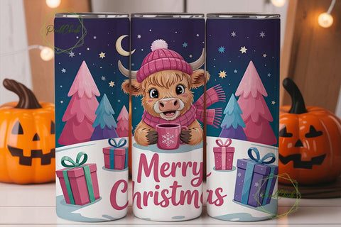 Christmas Highland Cow 20oz Tumbler Wrap Sublimation PixelChick 
