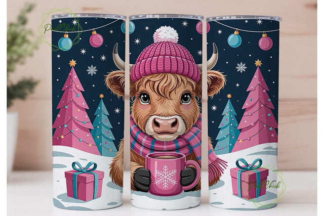 Christmas Highland Cow 20oz Tumbler Wrap Sublimation PixelChick 