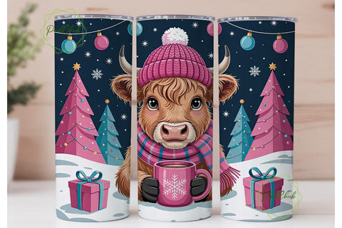 Christmas Highland Cow 20oz Tumbler Wrap Sublimation PixelChick 