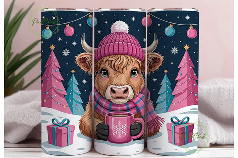 Christmas Highland Cow 20oz Tumbler Wrap Sublimation PixelChick 