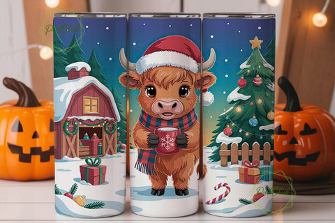 Christmas Highland Cow 20oz Tumbler Wrap Sublimation PixelChick 