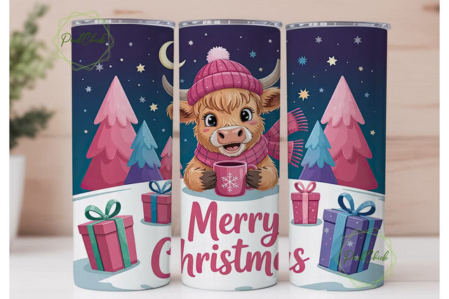 Christmas Highland Cow 20oz Tumbler Wrap Sublimation PixelChick 