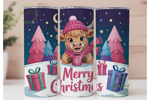 Christmas Highland Cow 20oz Tumbler Wrap Sublimation PixelChick 