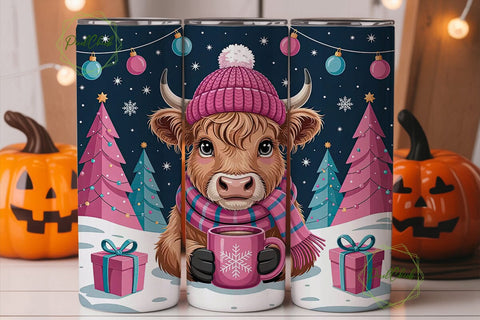 Christmas Highland Cow 20oz Tumbler Wrap Sublimation PixelChick 