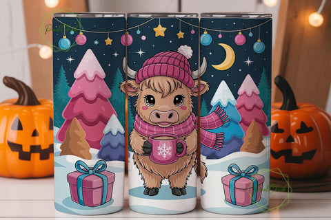 Christmas Highland Cow 20oz Tumbler Wrap Sublimation PixelChick 