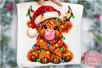 Christmas Highland Cow Bubblegum PNG Sublimation nirmal108roy 