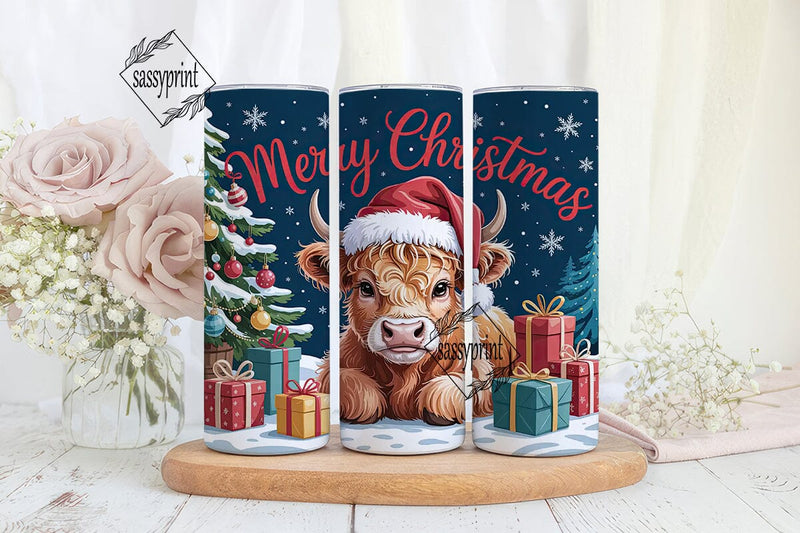 Christmas Highland Cow Calf 20oz Tumbler Sublimation sassyprint 