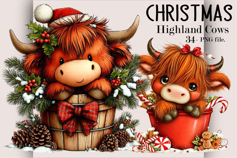 Christmas Highland Cow Clipart Bundle. Sublimation SVGArt 