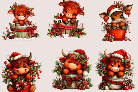Christmas Highland Cow Clipart Bundle. Sublimation SVGArt 