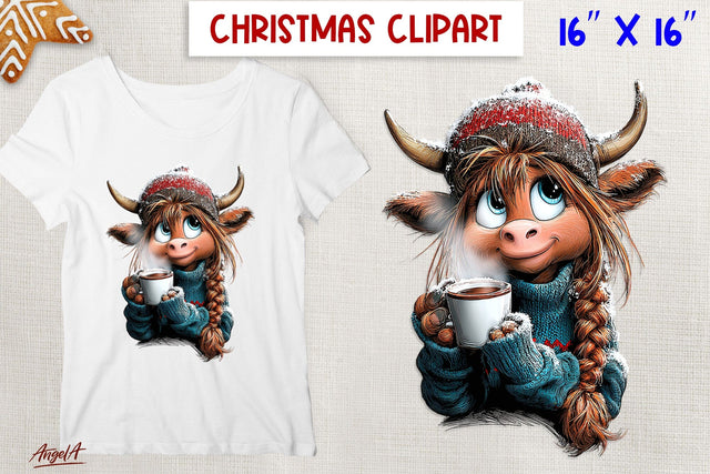 Christmas highland cow clipart PNG Cow girl with hot cocoa Sublimation Angelina Semenova 