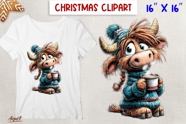 Christmas highland cow clipart PNG Cow girl with hot cocoa Sublimation Angelina Semenova 