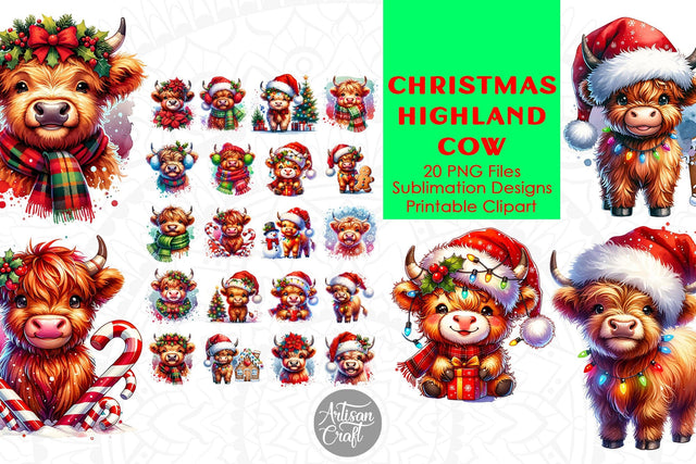 Christmas Highland Cow | Clipart | Sublimation Sublimation Artisan Craft SVG 