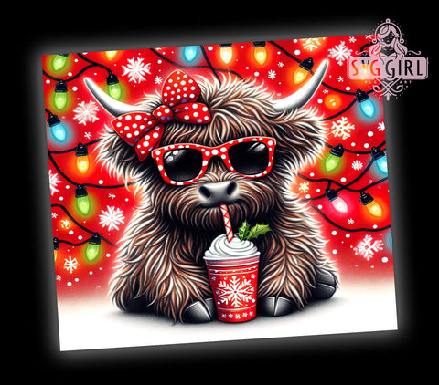 Christmas Highland Cow, Cow Christmas Lights, 20oz Tumbler Wrap, Sublimation Design, Holiday Drinkware, Cute Cow Gift, Festive Tumbler Sublimation SvggirlplusArt 