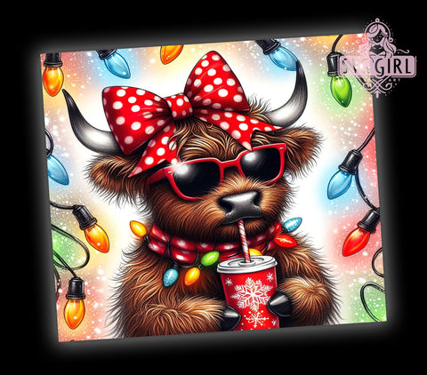 Christmas Highland Cow, Cow Christmas Lights, 20oz Tumbler Wrap, Sublimation Design, Holiday Drinkware, Cute Cow Gift, Festive Tumbler Sublimation SvggirlplusArt 