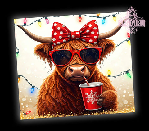 Christmas Highland Cow, Cow Christmas Lights, 20oz Tumbler Wrap, Sublimation Design, Holiday Drinkware, Cute Cow Gift, Festive Tumbler Sublimation SvggirlplusArt 