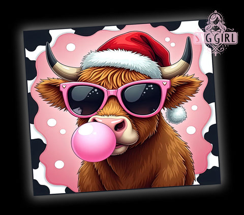 Christmas Highland Cow, Cute Cow with Santa Hat, 20oz Tumbler Wrap, Sublimation PNG, Holiday Decor, Digital Download, Cow Christmas Gift Sublimation SvggirlplusArt 