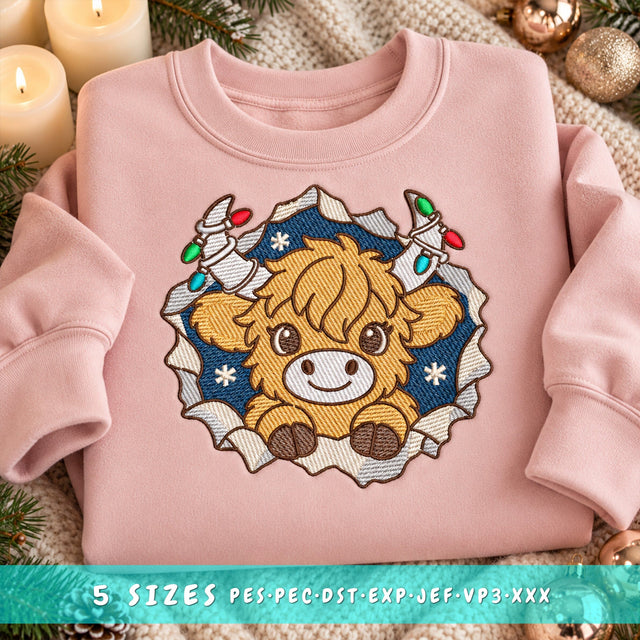 Christmas Highland Cow Embroidery Design | Cute Baby Cow with Christmas Lights | Winter Machine Embroidery | 5 Sizes | PES DST JEF VP3 Embroidery/Applique DESIGNS HappyDesignStudio 