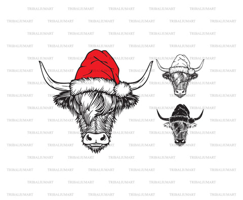 Christmas Highland Cow Head with Santa Hat. Scottish Cattle. SVG TribaliumArtSF 