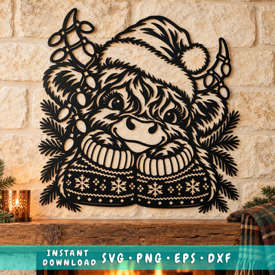 Christmas Highland Cow Laser SVG | Cute Calf Santa Hat DXF | Holiday Cow Metal Wall Art | Winter Plasma CNC Cutting File SVG HappyDesignStudio 
