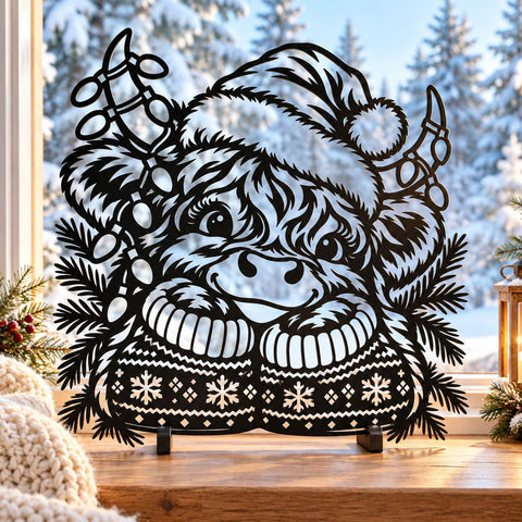 Christmas Highland Cow Laser SVG | Cute Calf Santa Hat DXF | Holiday Cow Metal Wall Art | Winter Plasma CNC Cutting File SVG HappyDesignStudio 