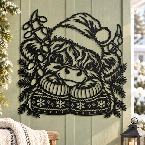 Christmas Highland Cow Laser SVG | Cute Calf Santa Hat DXF | Holiday Cow Metal Wall Art | Winter Plasma CNC Cutting File SVG HappyDesignStudio 