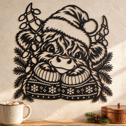 Christmas Highland Cow Laser SVG | Cute Calf Santa Hat DXF | Holiday Cow Metal Wall Art | Winter Plasma CNC Cutting File SVG HappyDesignStudio 
