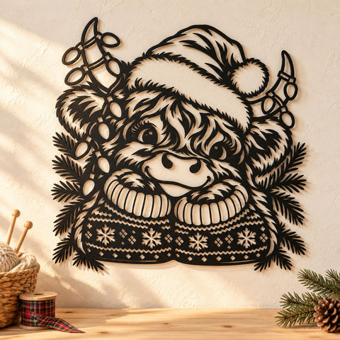 Christmas Highland Cow Laser SVG | Cute Calf Santa Hat DXF | Holiday Cow Metal Wall Art | Winter Plasma CNC Cutting File SVG HappyDesignStudio 