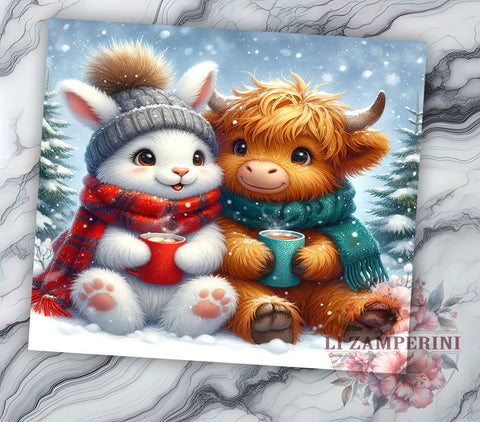 Christmas Highland Cow, Rabbit Tumbler Design, 20oz Tumbler PNG, Holiday Sublimation Design, Cute Cow and Rabbit Art, Winter Drinkware, Festive Tumbler Wrap Sublimation Li Zamperini 