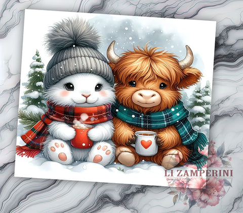 Christmas Highland Cow, Rabbit Tumbler Design, 20oz Tumbler PNG, Holiday Sublimation Design, Cute Cow and Rabbit Art, Winter Drinkware, Festive Tumbler Wrap Sublimation Li Zamperini 