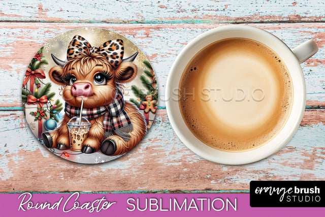 Christmas Highland Cow Round Coaster Sublimation OrangeBrushStudio 