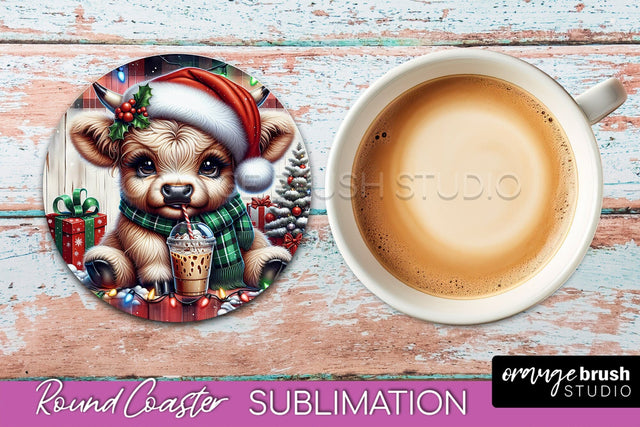 Christmas Highland Cow Round Coaster Sublimation OrangeBrushStudio 
