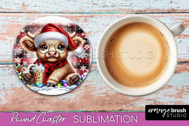 Christmas Highland Cow Round Coaster Sublimation OrangeBrushStudio 