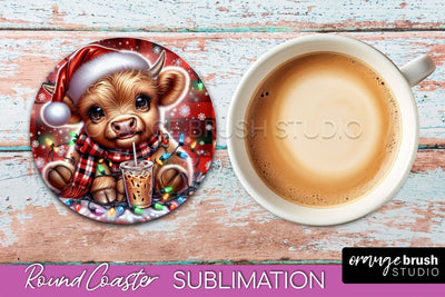 Christmas Highland Cow Round Coaster Sublimation OrangeBrushStudio 