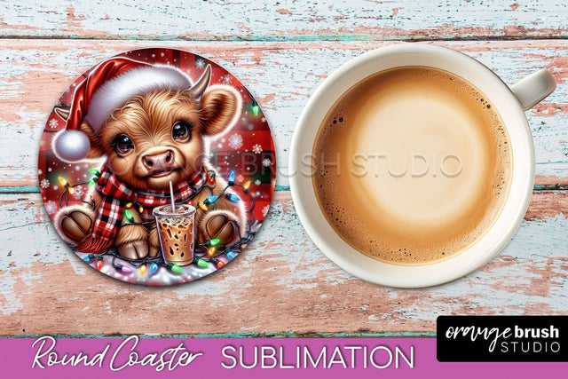 Christmas Highland Cow Round Coaster Sublimation OrangeBrushStudio 