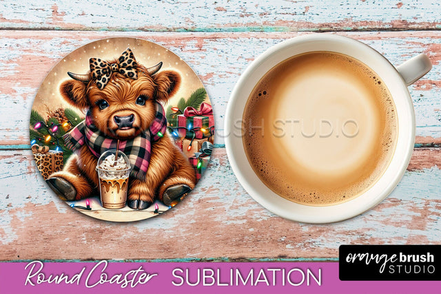 Christmas Highland Cow Round Coaster Sublimation OrangeBrushStudio 